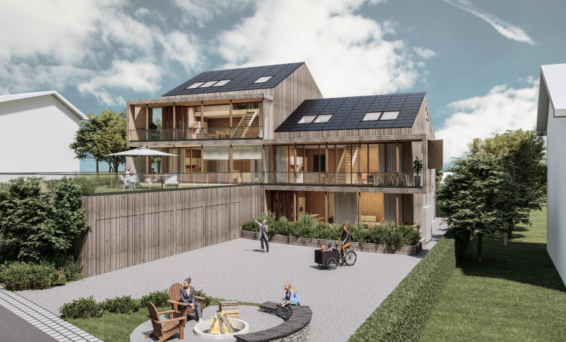 Visualisierung Innenraum Hagener Leite Moderne Küche mit Holzdecke und Blick auf schneebedeckte Landschaft und See.