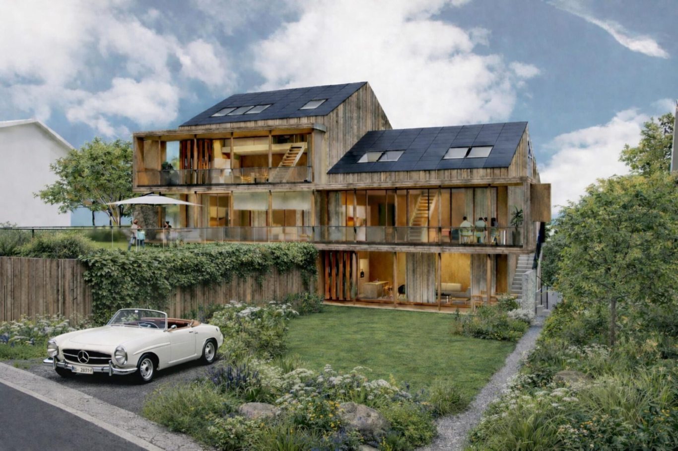 Visualisierung Innenraum Hagener Leite Moderne Küche mit Holzdecke und Blick auf schneebedeckte Landschaft und See.